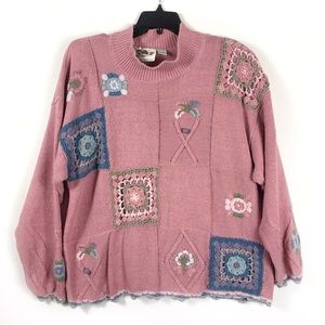 Vintage Patchwork Grandmacore Rime Cotton 80s 90s Pink Sweater